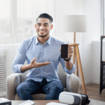 A focused therapist using a digital device to enhance schema therapy training techniques, representing modern mental health advancements and professional development for psychotherapists.